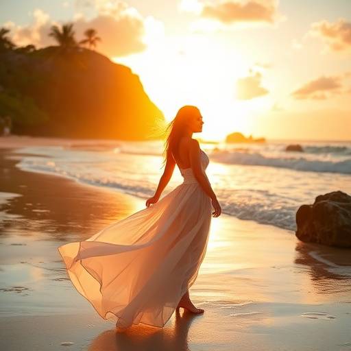 Modelo usando um vestido elegante em uma praia paradisíaca de Salvador.