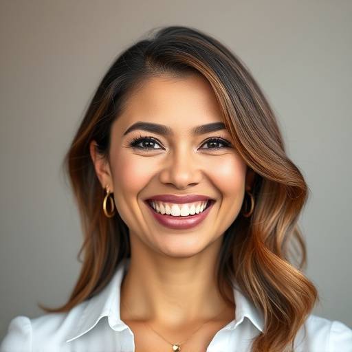 Retrato profissional de uma mulher sorrindo em um estüdio.